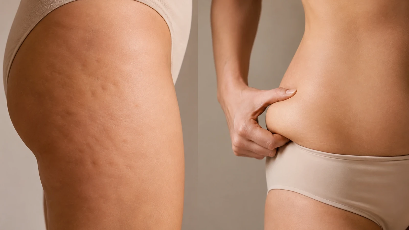 Close-up of thigh skin showing visible cellulite dimpling and texture