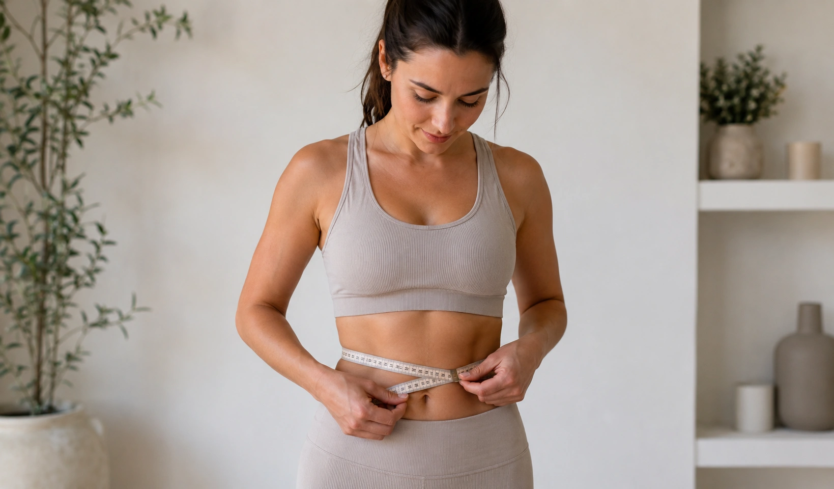 Woman showing lower abdomen and waist during a body contouring consultation in Singapore